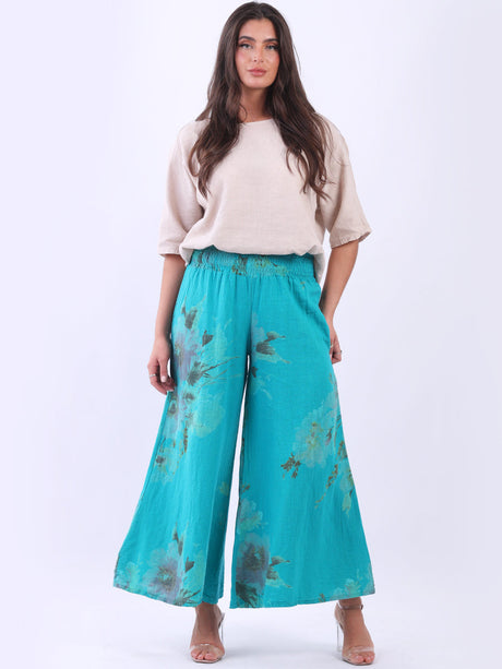 Ladies Floral Linen Wide Leg Palazzo Pant