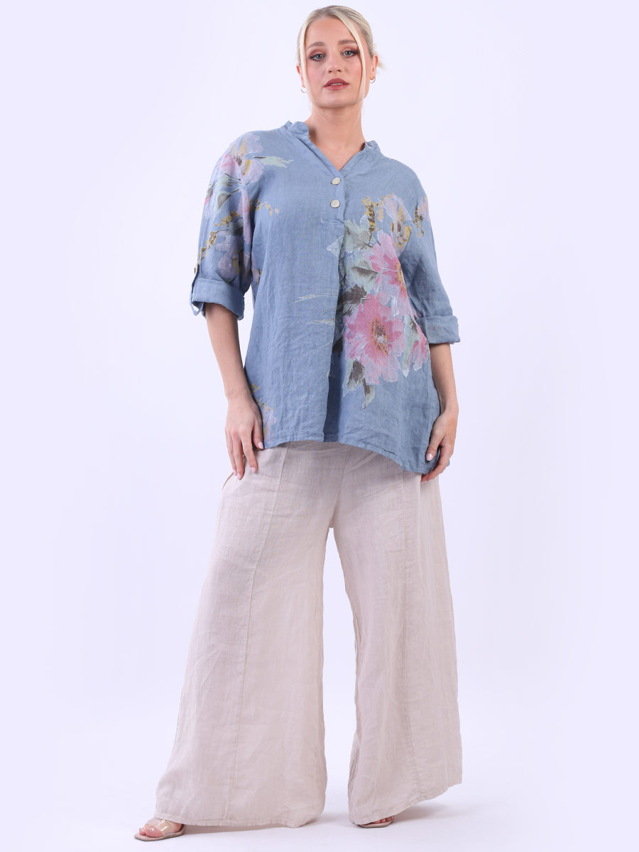 Floral Linen Baggy Top Denim
