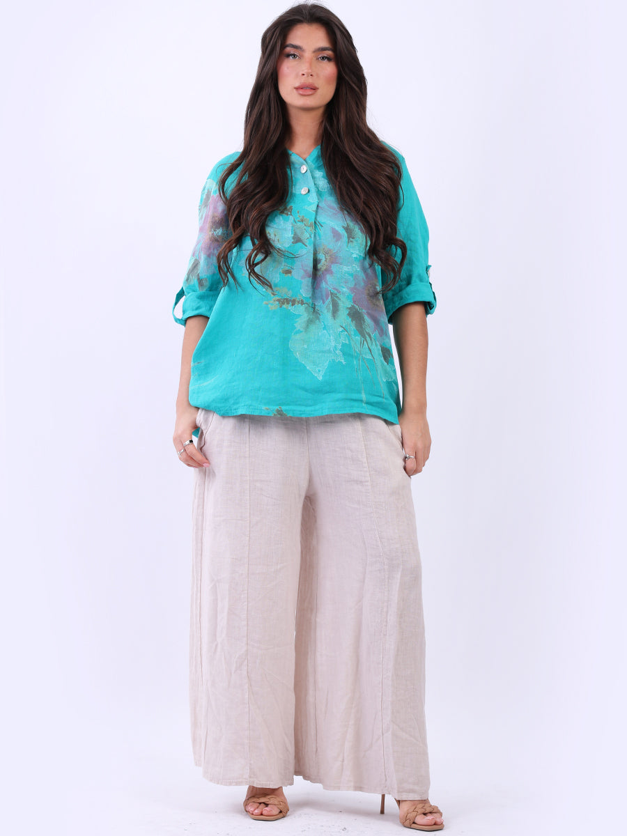 Floral Linen Baggy Top Teal