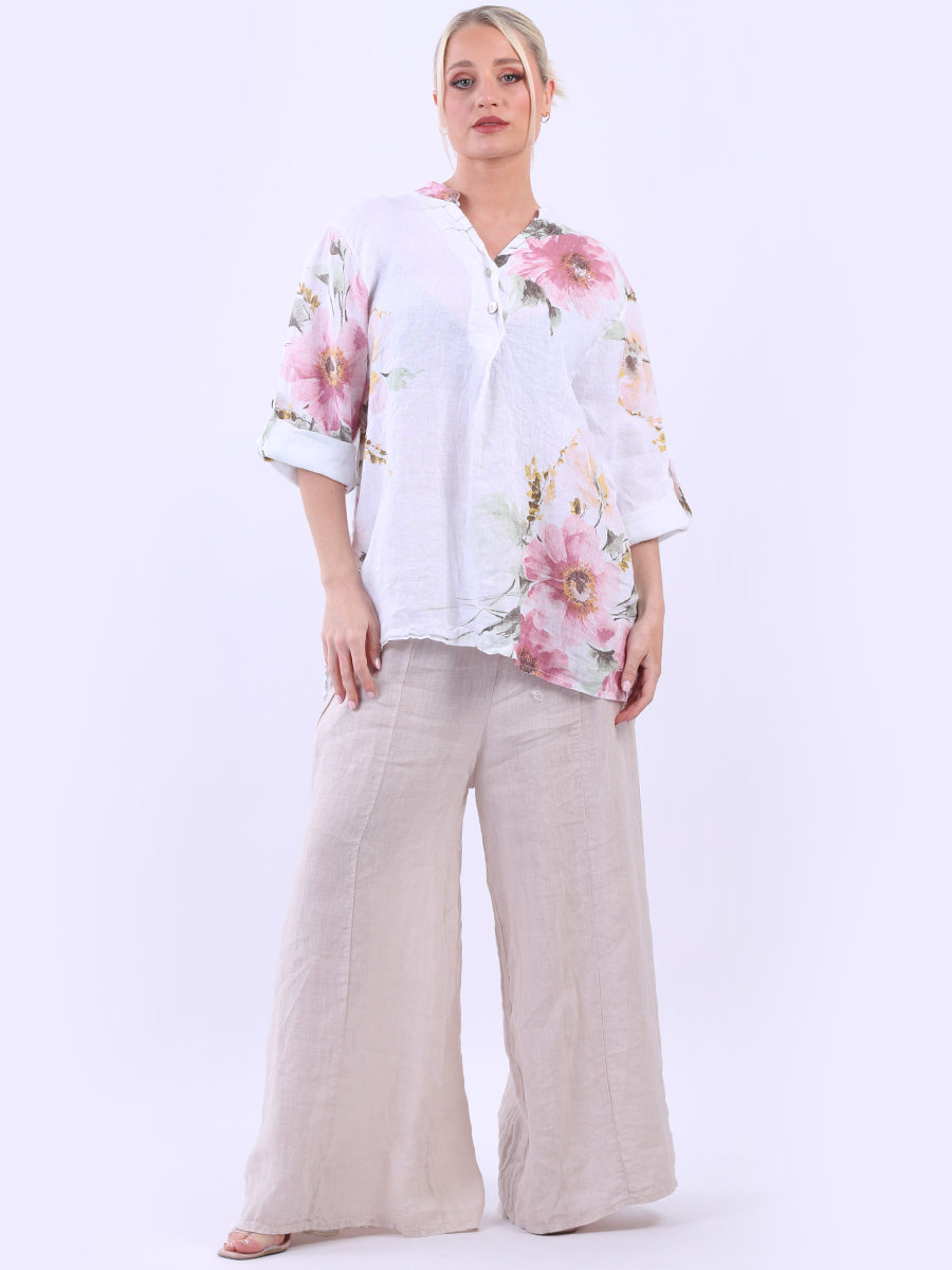 Floral Linen Baggy Top White