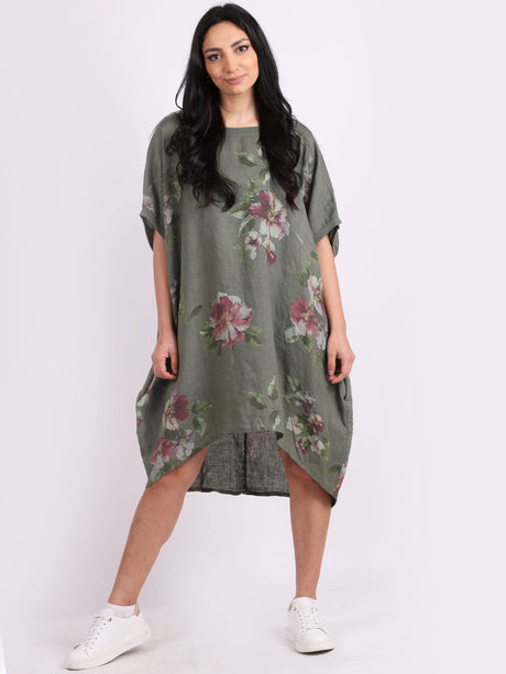 Ladies Oversized Floral Linen Midi Dress