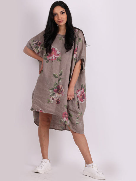 Ladies Oversized Floral Linen Midi Dress