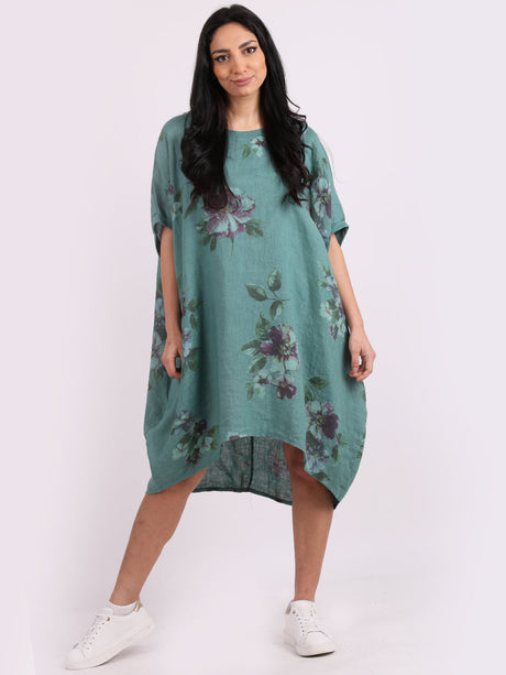 Ladies Oversized Floral Linen Midi Dress