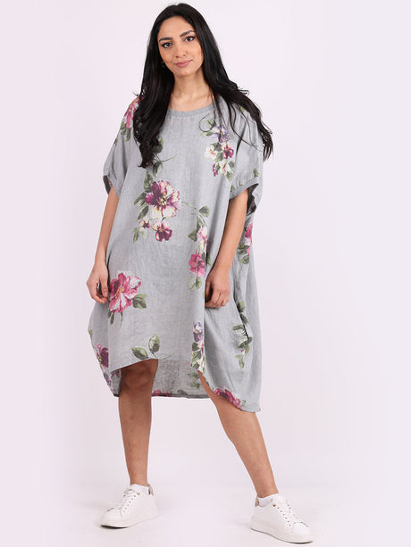 Ladies Oversized Floral Linen Midi Dress