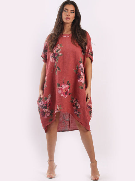 Ladies Oversized Floral Linen Midi Dress