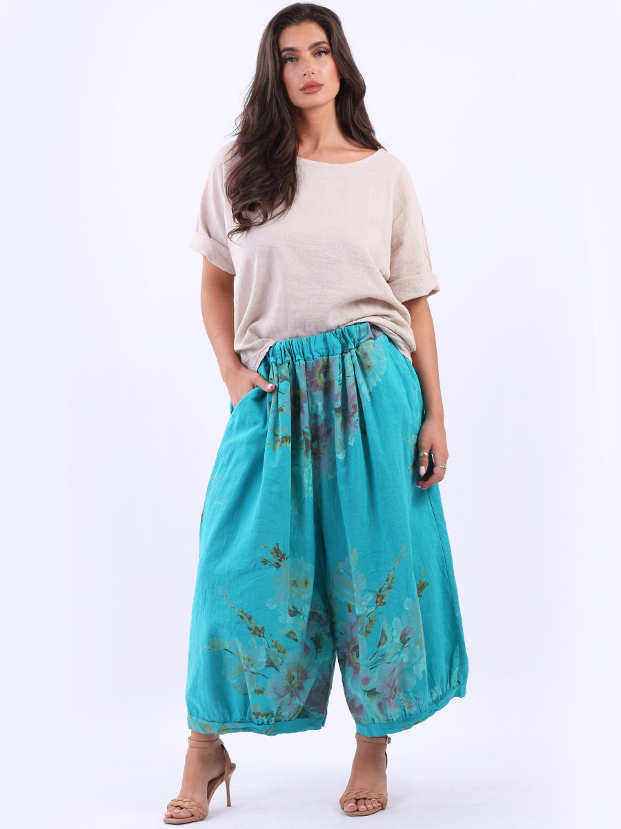 Ladies Wide Leg Floral Linen Culotte