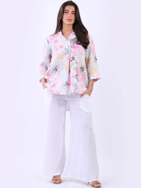 Ladies Multi-Floral Button Down Linen Baggy Top