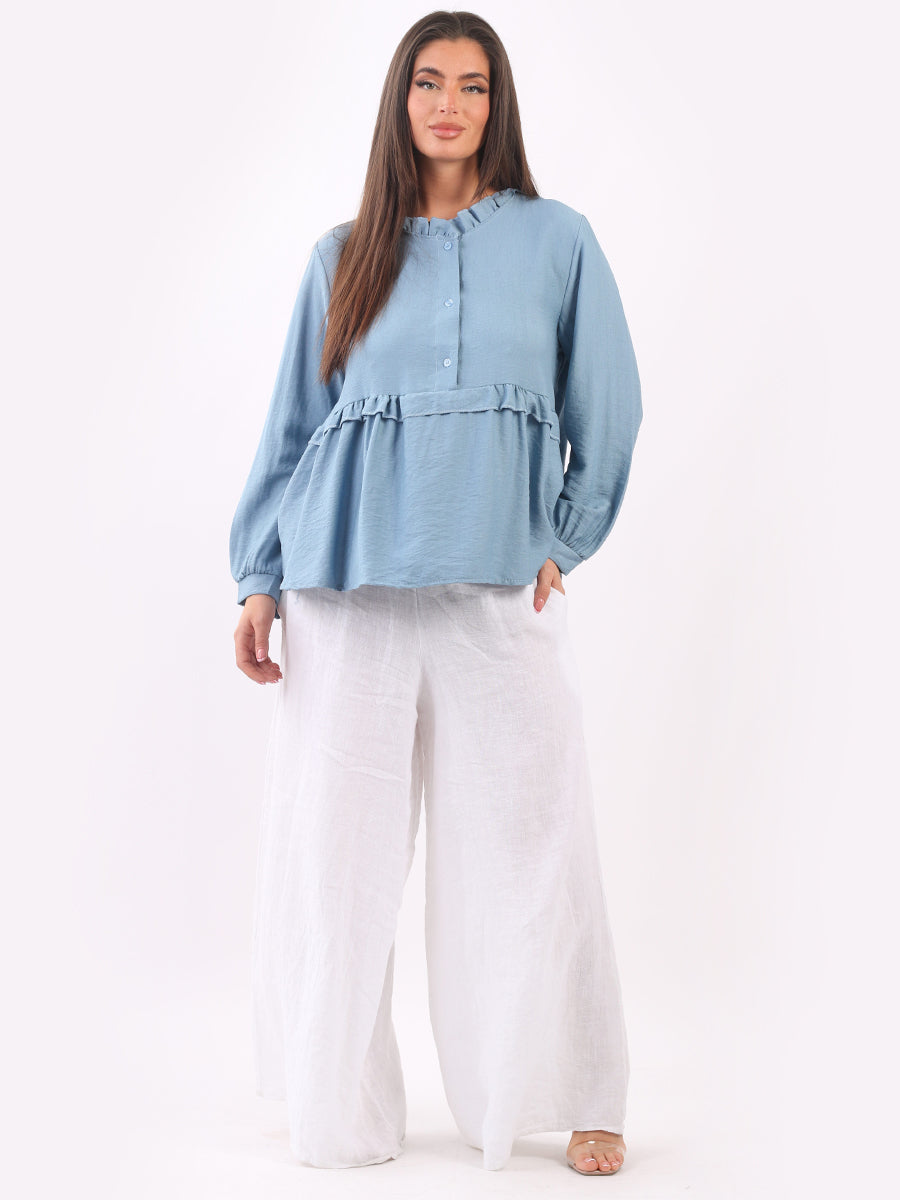 Made In Italy Ladies Plain Ruffle Peplum Top Denim One size UK 8 12