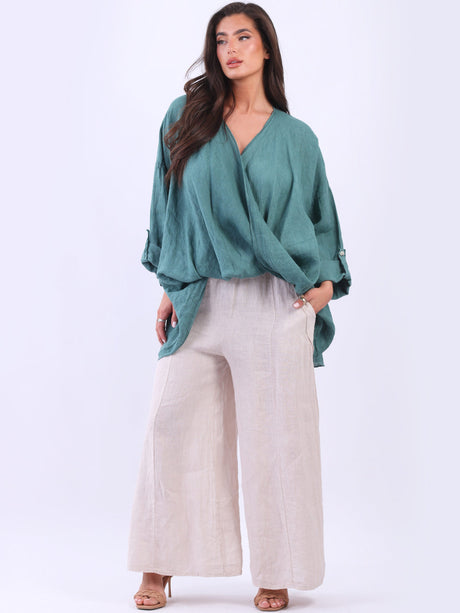 Women V-Neck Solid Linen Crossover Top