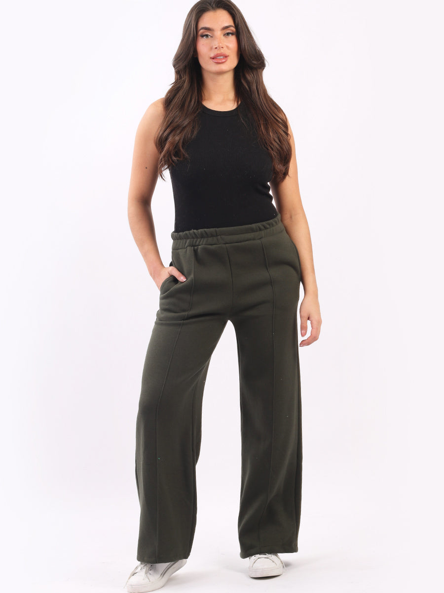 Plain Cotton Wide Leg Ladies Fleece Trouser Khaki One Size UK 10 16
