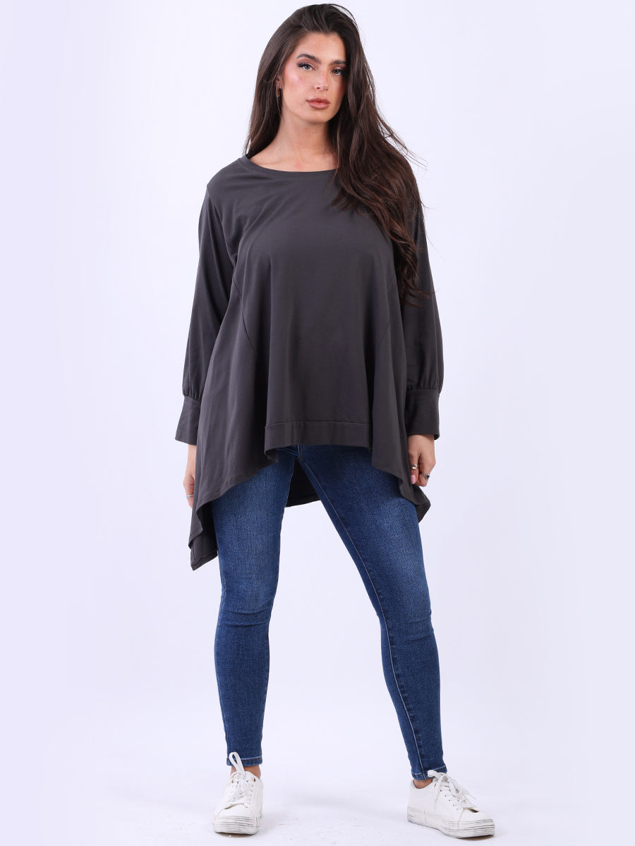 Plus Size Women Plain Cotton Lagenlook Top - Charcoal / One Size (UK Fit  18-24)
