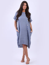 Front Buttoned Linen Lagenlook Midi Dress