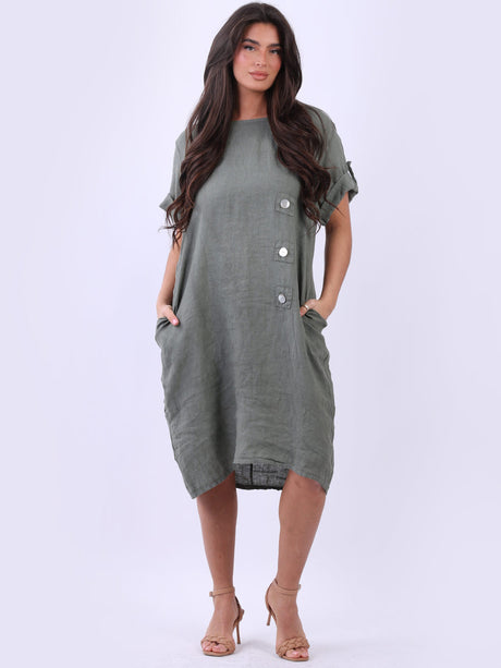 Front Buttoned Linen Lagenlook Midi Dress