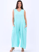 Plain Cotton Sleeveless Plus Size Wide Leg Jumpsuit