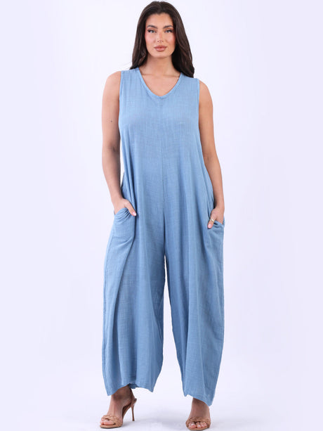 Plain Cotton Sleeveless Plus Size Wide Leg Jumpsuit