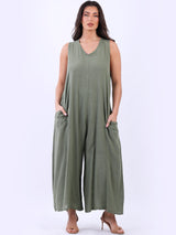 Plain Cotton Sleeveless Plus Size Wide Leg Jumpsuit