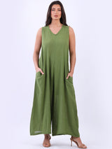 Plain Cotton Sleeveless Plus Size Wide Leg Jumpsuit