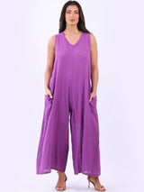 Plain Cotton Sleeveless Plus Size Wide Leg Jumpsuit