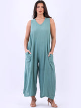 Plain Cotton Sleeveless Plus Size Wide Leg Jumpsuit