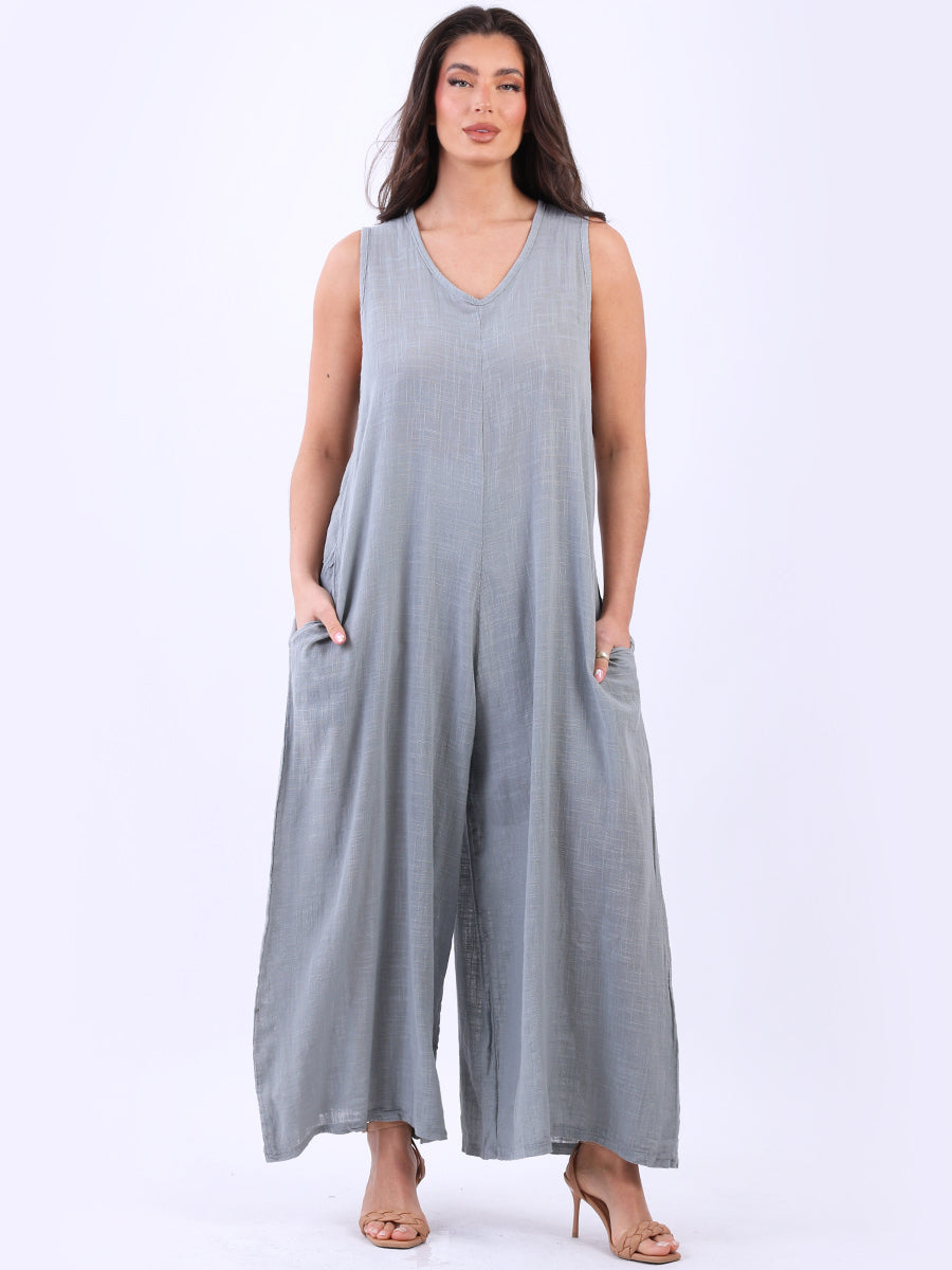 Plain Cotton Sleeveless Plus Size Wide Leg Jumpsuit