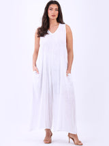 Plain Cotton Sleeveless Plus Size Wide Leg Jumpsuit