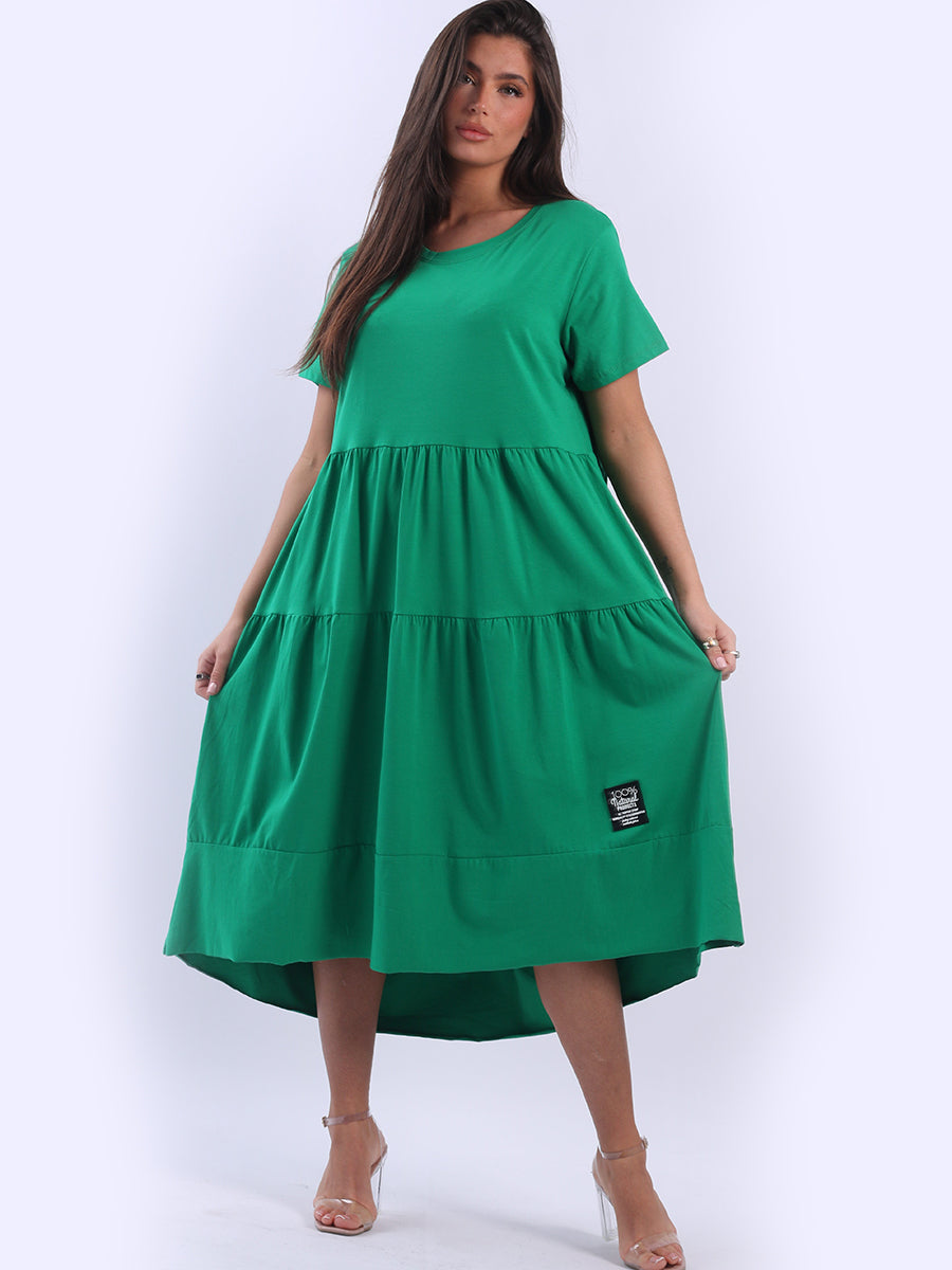 Plus Size Cotton Tiered Swing Dress Green One Size UK 12 18