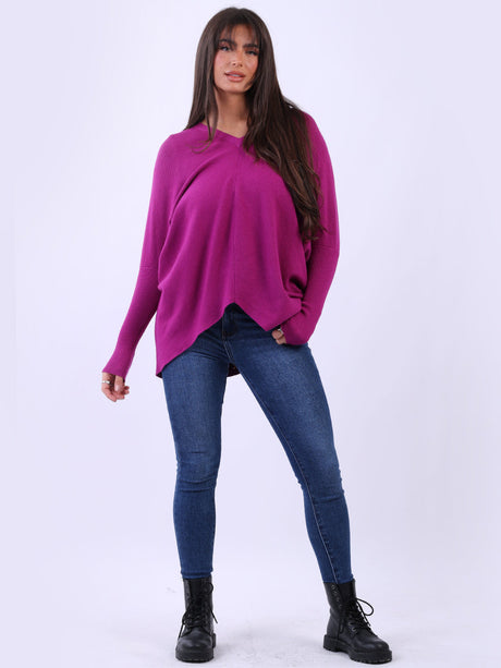 Italian Dipped Hem Plain Batwing Knitted Jumper