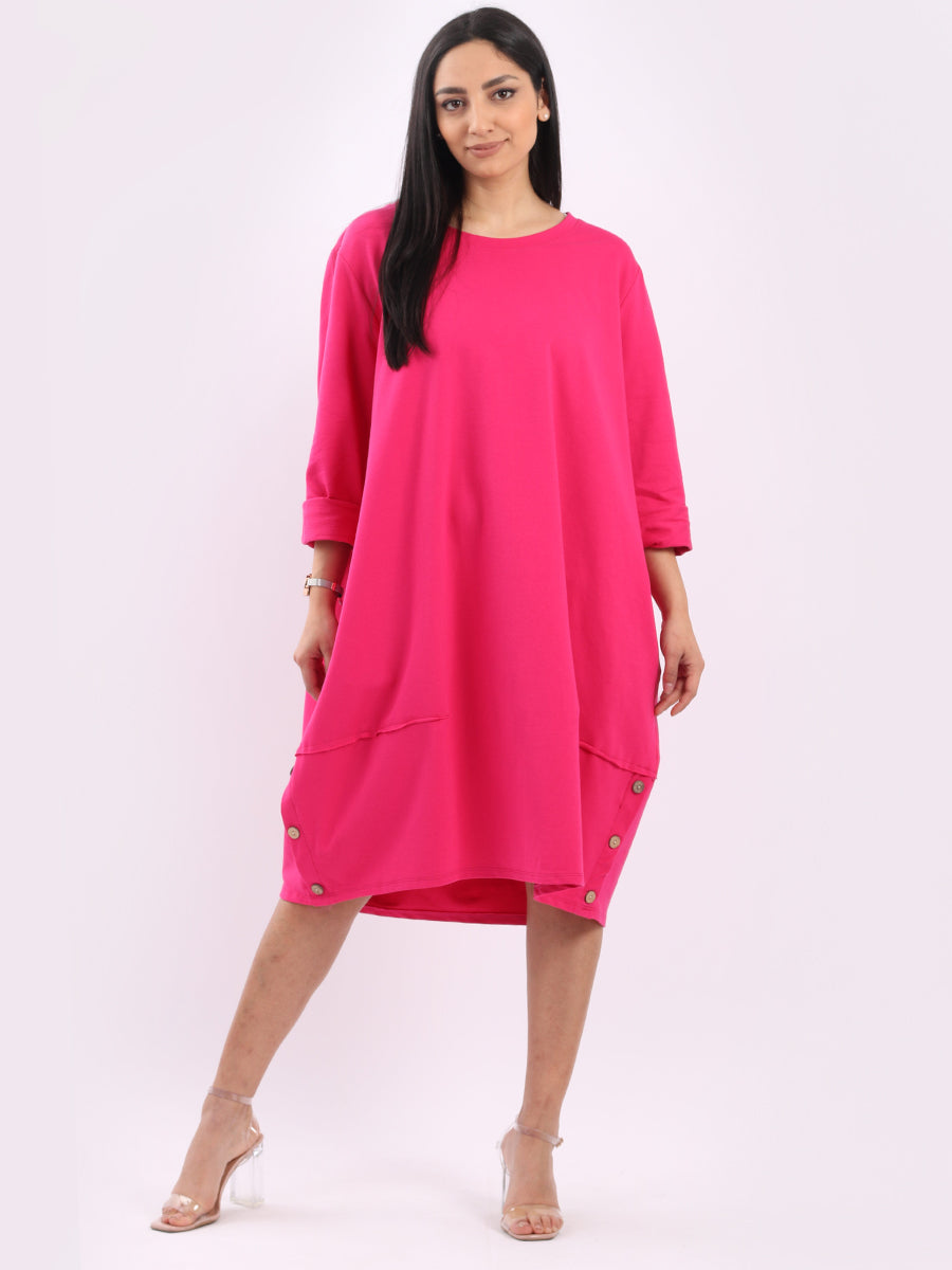 Ladies Plain Buttoned Hem Cotton Slouch Dress