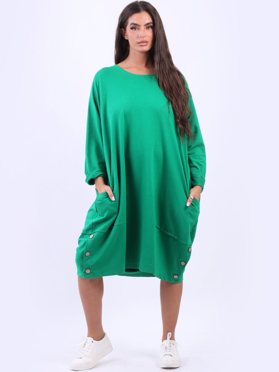 Ladies Plain Buttoned Hem Cotton Slouch Dress