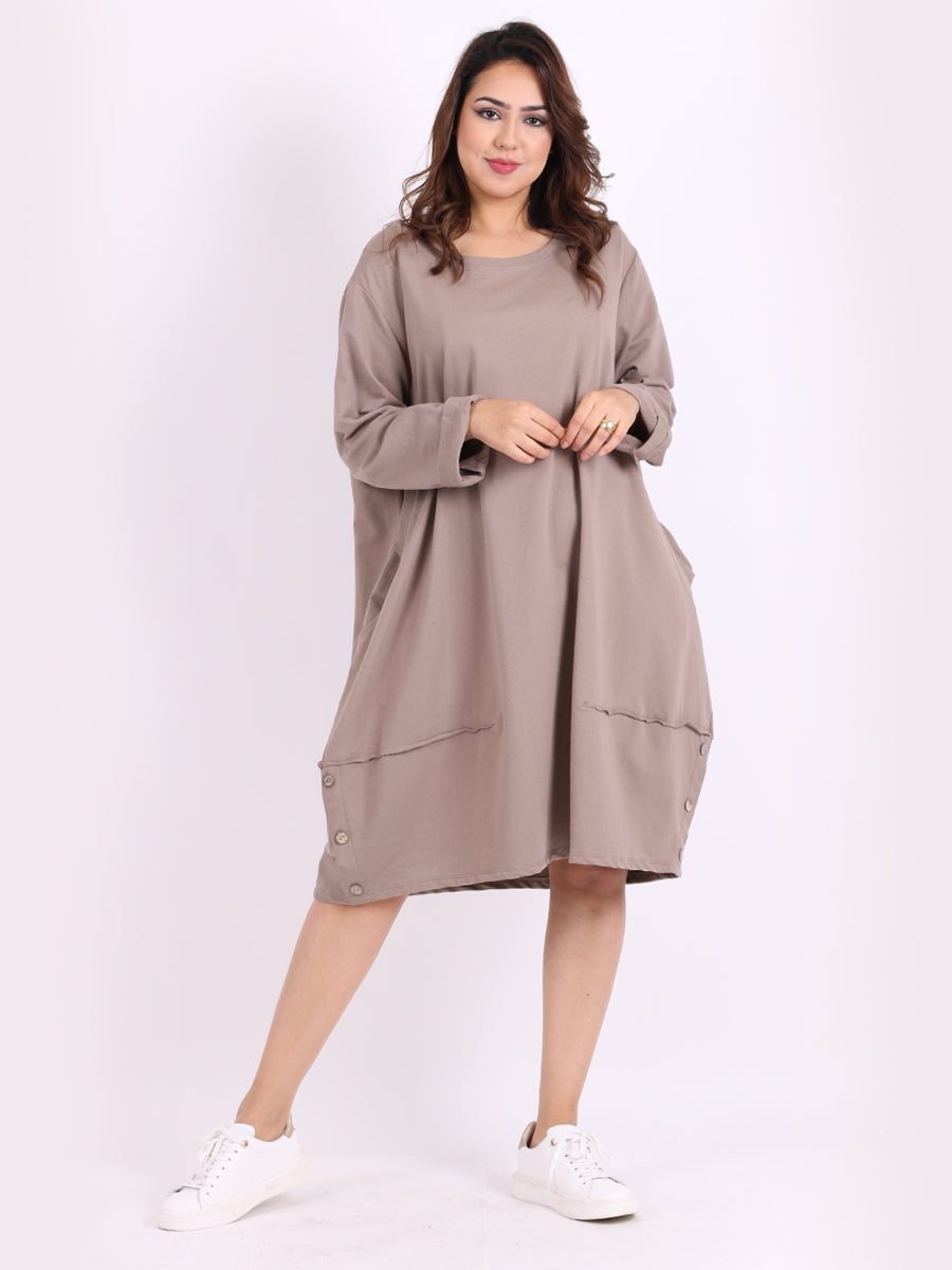 Ladies Plain Buttoned Hem Cotton Slouch Dress