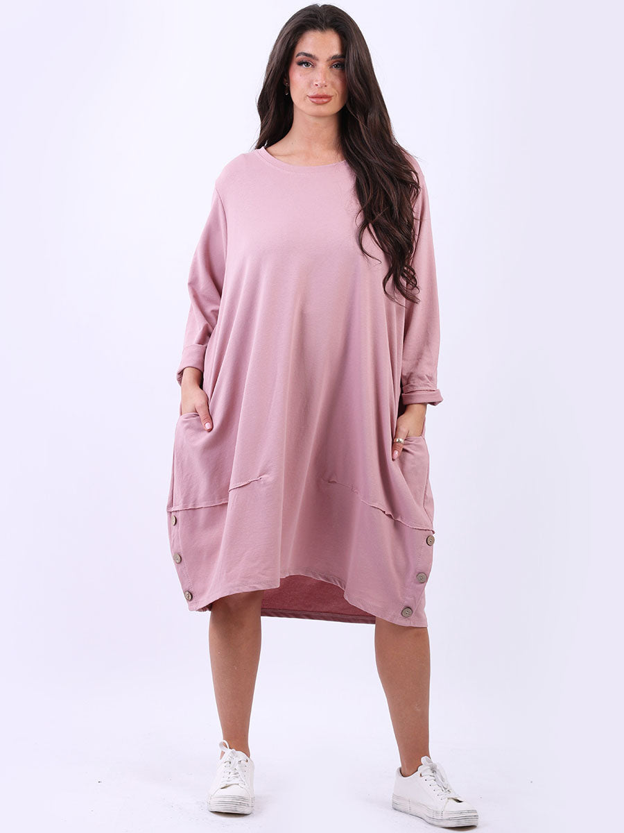 Ladies Plain Buttoned Hem Cotton Slouch Dress