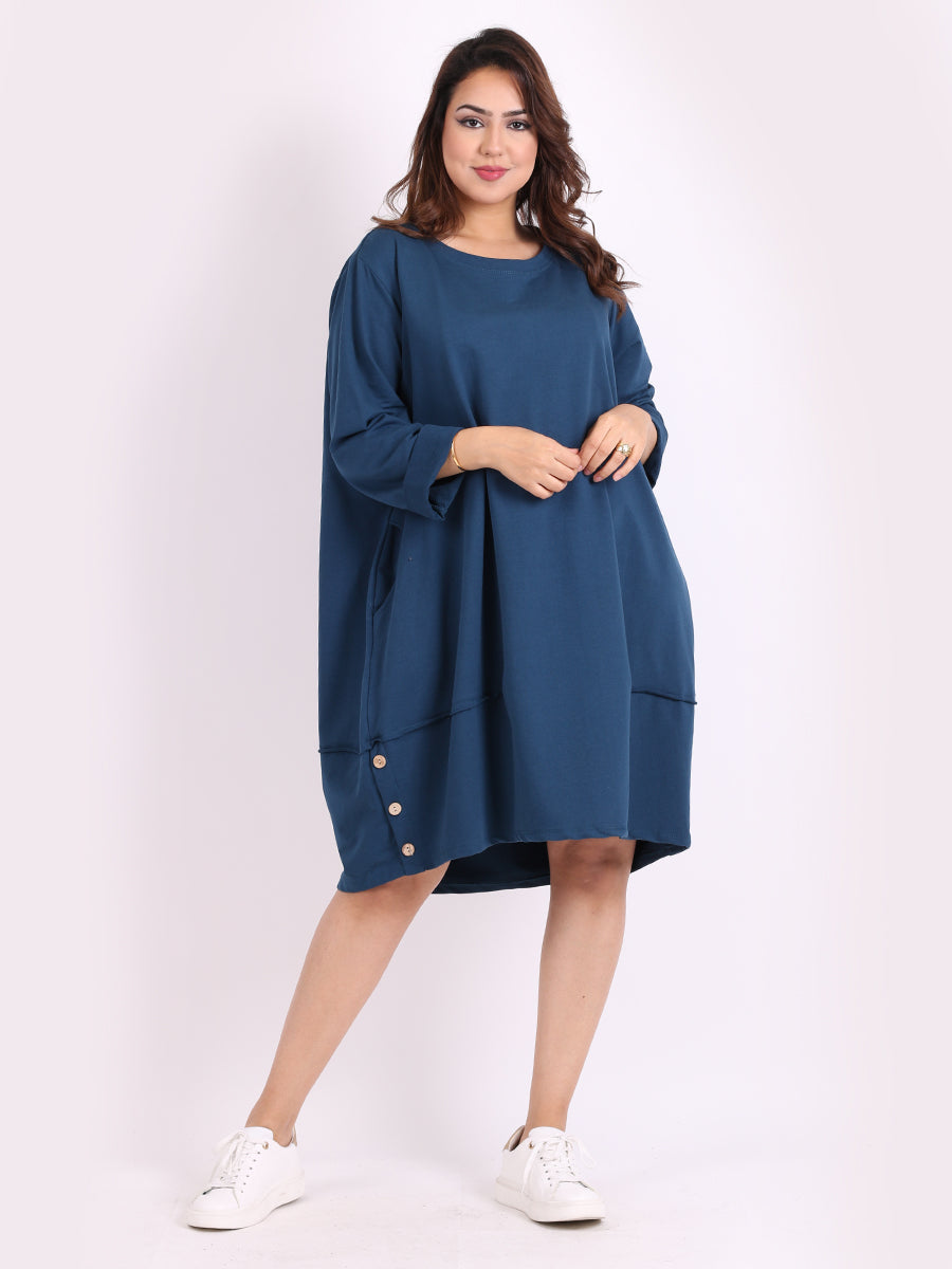 Ladies Plain Buttoned Hem Cotton Slouch Dress