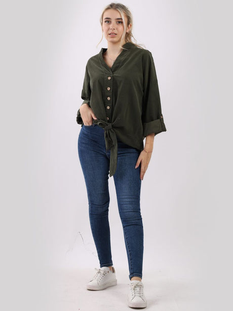 Plain Cotton Corduroy Twisted Hem Knot Ladies Shirt