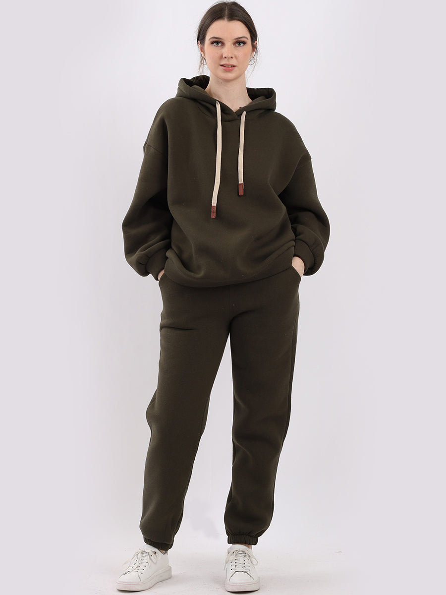 Plain Cotton Women Boxy Fleece Hooded Top Khaki One Size UK 10 16