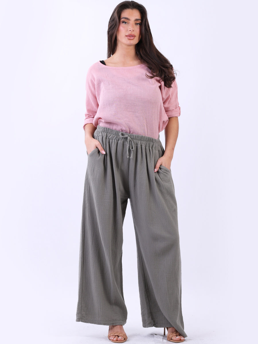 Women Side Pockets Plain Cotton Slouch Trouser