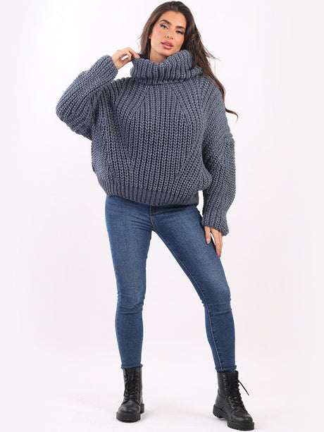 Oversized Plain Cowl Neck Batwing Woolen Rib Knit Pullover