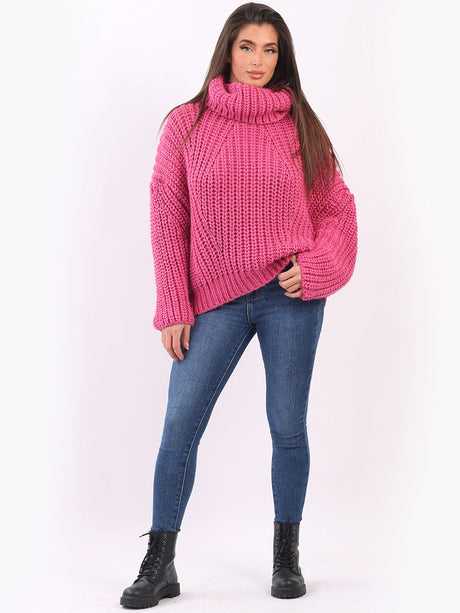 Oversized Plain Cowl Neck Batwing Woolen Rib Knit Pullover