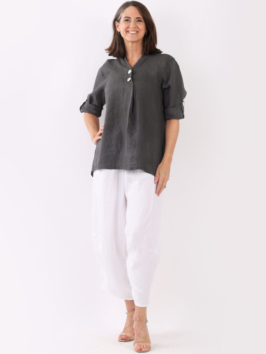 Ladies Plain Dipped Hem Linen Lagenlook Casual Summer Top