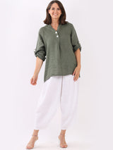 Ladies Plain Dipped Hem Linen Lagenlook Casual Summer Top