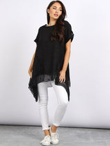 Ladies Plain Frill Dip Side Linen Tunic Top