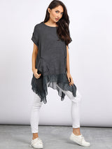 Ladies Plain Frill Dip Side Linen Tunic Top