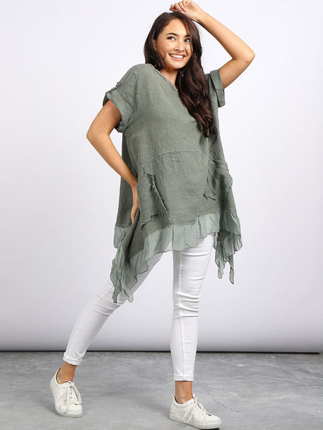 Ladies Plain Frill Dip Side Linen Tunic Top