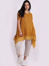 Ladies Plain Frill Dip Side Linen Tunic Top