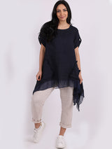 Ladies Plain Frill Dip Side Linen Tunic Top