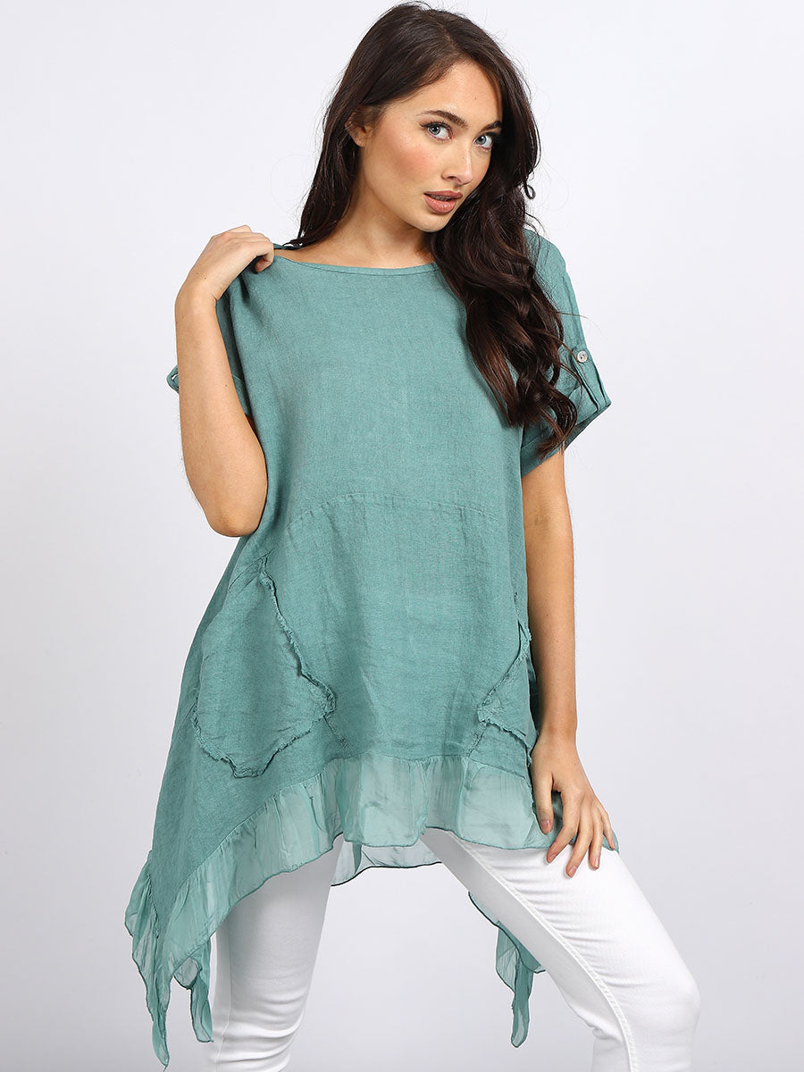 Ladies Plain Frill Dip Side Linen Tunic Top