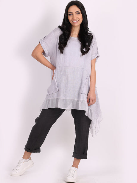 Ladies Plain Frill Dip Side Linen Tunic Top