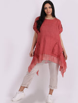 Ladies Plain Frill Dip Side Linen Tunic Top