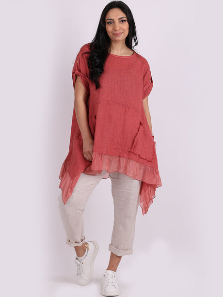 Ladies Plain Frill Dip Side Linen Tunic Top