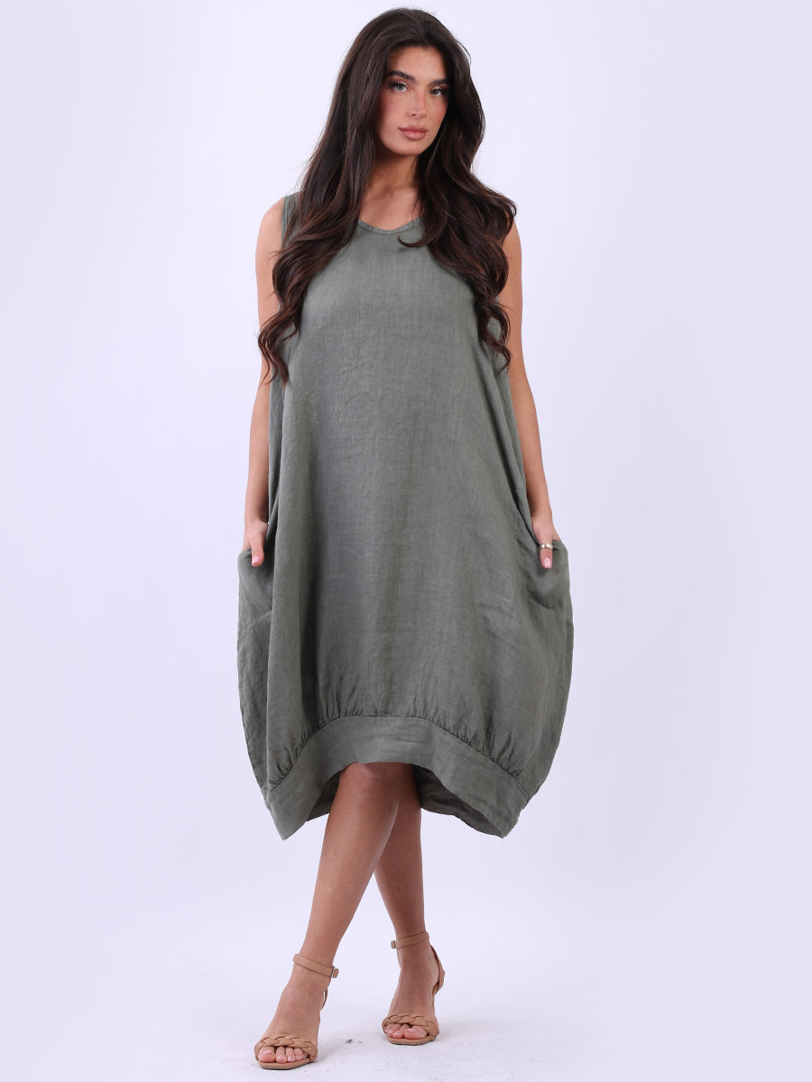 Women Plain Sleeveless Linen Lagenlook Tank Dress Khaki One Size UK Fit 10 16