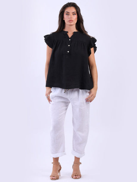 Plain Front Button Placket Linen Lagenlook Ruffle Top